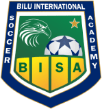 Logo of Bilu International Soccer Academy, featuring an eagle, a soccer ball, and a star above the acronym BISA, with a navy blue border reading “Bilu International Soccer Academy.”.